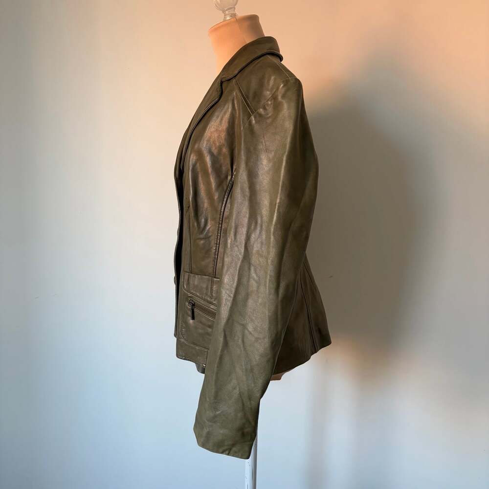 Overland Vintage Genuine Leather Buttoned Earthy Olive Green Blazer Jacket Sz L - Picture 2 of 10